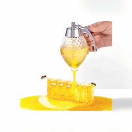Honey dispenser, 8-ounce glass honey dispenser with base and drip-proof design. Stainless steel handle and lid. Creative honeycomb design, ideal for home kitchens and as a gift for honey enthusiasts.