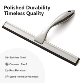 All-Purpose Shower Squeegee for Shower Doors, Bathroom, Window, Glass and Car Windshield, Includes Suction Hook & Adhesive Hook, 18/8 Stainless Steel, 12", Silver