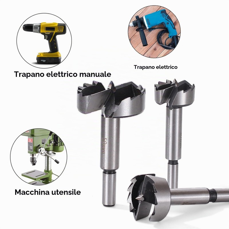 Forstner - Punta elicoidale Forstner con codolo rotondo, per legno,