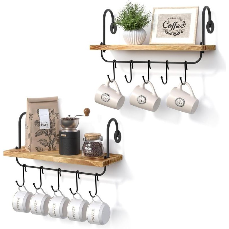 Floating Shelves for Kitchen Wall Coffee Nook with Hooks for