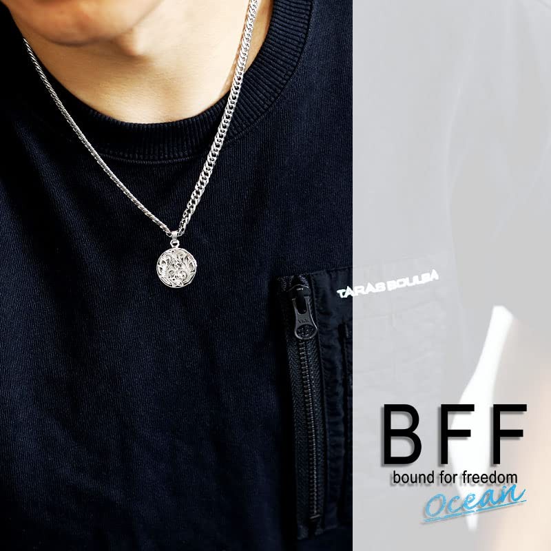 BFF Brand Coin Necklace, Double Curved, 6-sided Cut, Plumeria Maile