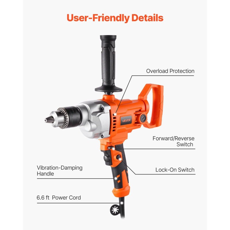 1/2 Inch Corded Electric Drill Mixer Set 0-850RPM 5.4A Power