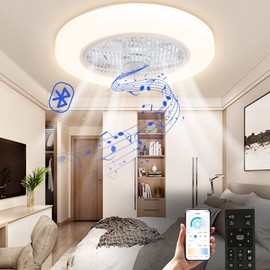 TCFUNDY Enclosed Low Profile Ceiling Fan with Light, Bluetooth Speaker, Dimmable LED Lighting, 22", 6 Wind Speeds Reversible Blades, App & Remote Control, Semi Flush Mount Fan