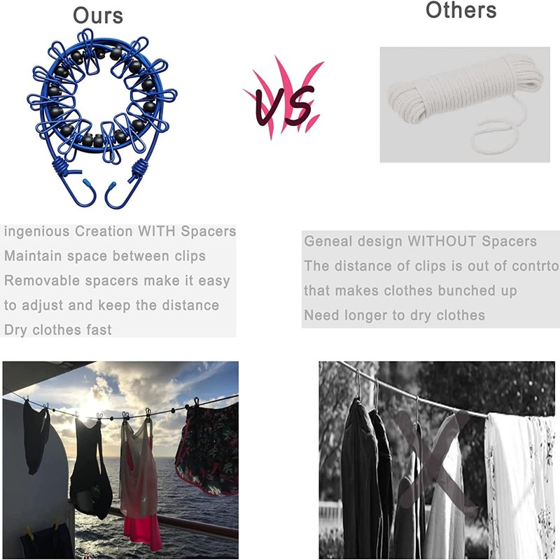 Portable Clothesline with 12 Clothespins, Windproof Travel Clothesline Stretchy Retractable