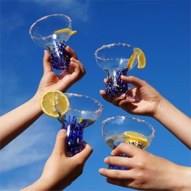 Seicasaya - Vasos de margarita de confeti mexicano soplado a mano, 10 onzas, cristalería pequeña y colorida para cóctel, utensilios de barbacoa artesanales (azul/4 piezas)