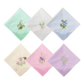CYNOSURETECH 6 Pieces Women's Handkerchiefs, Retro Soft Cotton Lace Embroidered Handkerchiefs (White/Pink/Yellow/Light Blue/Light Purple/Light Green)