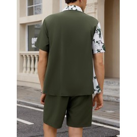 OYOANGLE Men's 2 Piece Vacation Outfits Tropical Hawaiian Button Down Shirt and Shorts Set Army Green XL
