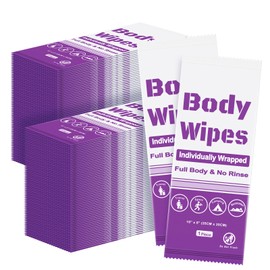 Disposable Body Wipes, Individually Wrapped Bath Wipes in Bulk, No Rinse-Free Large Body Shower Wipes for Travel Outdoors Camping After Gym (Purple-200, 7.8 x 9.8 inch)