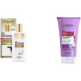 Loreal Paris Uv Defender bloqueador solar Fluido Invisible FPS 50   Gel Limpiador Facial Revitalift Ácido Hialurónico, 150 ml