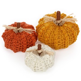 Briful Handmade Knitted Pumpkins Set of 3 – Cozy Fall Décor in Mustard Yellow, Burnt Orange & Cream, Rustic Yarn Pumpkins with Raffia Stems for Thanksgiving Table, Mantel, Autumn Centerpieces