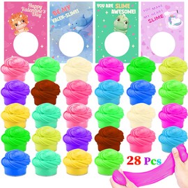 Valentines Day Cards with Colorful Playing Dough, 28 Packs Butter Slime and Valentine's Greeting Cards Gift Sets for Kids, Valentine School Classroom Prize Exchange, Fluffy Putty Party Favors