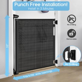 No Drill Retractable Baby Gates for Doorways 59" Wide, Punch Free Baby Gate for Stairs 33" Tall, Retractable Dog Gate for The House No Drilling Mesh Pet Gate Indoor, Black
