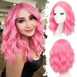 Eawwii Pink Short Wavy Wig for Women Lace Hairline Bob Style Synthetic Heat Resistant - Natural Appearance for Everyday Hairstyle 14 Inch