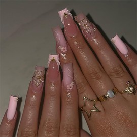 FIEONCIY Press on Nails Coffin Long Length Acrylic Glossy Full Cover Square Shaped French False Nails with Designs Artificial Extra Long Fake Nails with Charms Glue ons Fingernails for Women(XA13234)