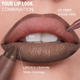 Wugbc Lip Kit - Coffee Brown Lip Liner Pencil Ombre Lipstick Set Long Lasting Plumping Creamy Lip Makeup for Women, High Pigmented Lip Combo Crayon Cone Tip Smooth Lip Contour for Daily/Night Out
