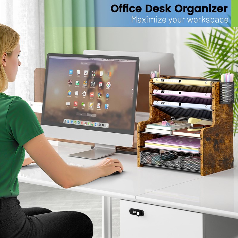 DAOUTIME 6-Tier Mesh Desk Organizer with Drawer, Wooden Office Organizer