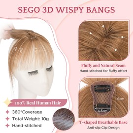 SEGO Clip in Bangs Real Human Hair Toppers with Bangs, 360°3D Cover Wispy Bangs, Hair pieces for Women -06 Light Brown