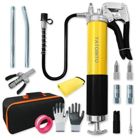 YATOINTO 15 Pcs 14oz Grease Gun Kit,7000 PSI Leak-Proof Spray Grease Gun,18" Spring Hose,Double Handle Nozzle,Coupler,Teflon Tape and Other Accessories,Yellow
