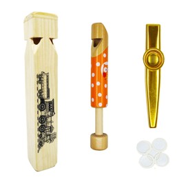 Fartime 3PCS—Wooden Train Whistle,Wooden Slide Whistle and Gold Aluminum Alloy Kazoo for Music Instrument Gifts Wood Musical Instrument Educational Toys