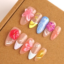 Tesytto Handmade Press-On Nails 10PCS - Trendy Almond French Tips, Reusable & Salon-Quality, Quick Application (Sheer Floral Glow, Medium)