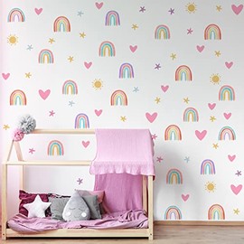 Epakh Pegatinas de Decoración de Pared Arcoíris Pequeños Calcomanías de Arcoíris de Acuarela Corazón Estrella Sol Pegatinas de Pared para Decoración de Habitación de Bebé Niñas Niños (Color Clásico)