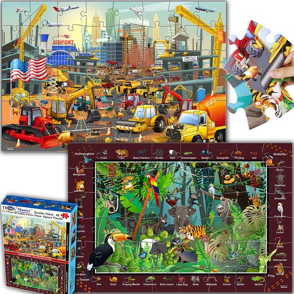 Think2Master Construction USA & Rainforest Animals Floor Jigsaw Puzzle Double Sided 48 Jumbo Pieces (2 x 3 Feet) Fun Educational Toy for Kids, School & Families. Great Gift for Boys & Girls Ages 3-7