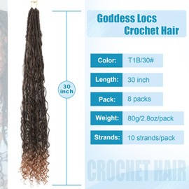 IIFLYDSFA Boho Faux Locs Crochet Hair 30 Inch 8 Packs Goddess Locs Crochet Hair with Curly Ends Ombre Brown T1B/30# Pre-looped Bohemian River Locs Hair for Women