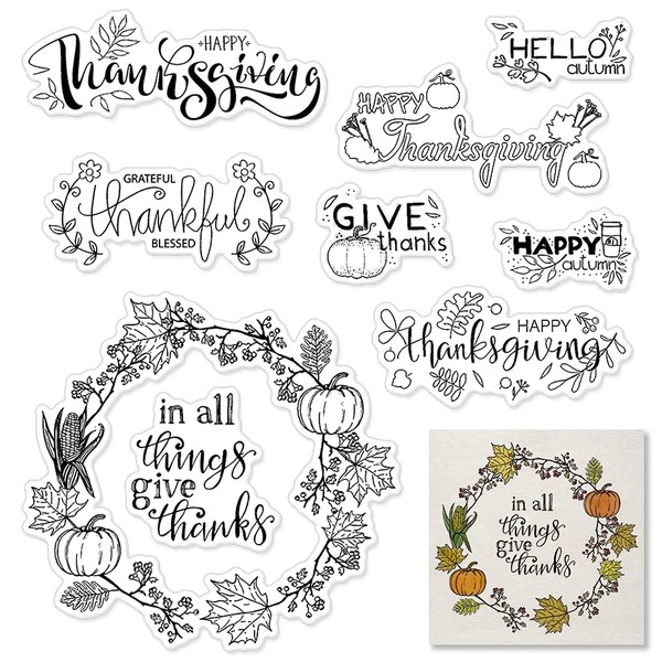 Autumn Thanksgiving Wreath Pumpkin Leaf Clear Stamps for Card Making and Photo Album Decorations, Thanks Words Transparent Rubber Stamps Seal for DIY Scrapbooking