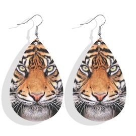 Tiger Earrings for Women Bohemian Tiger Pattern Leather Teardrop Hook Earrings Animal Earrings Tiger Jewelry Gifts