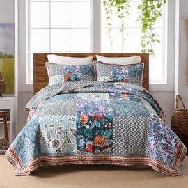 VISIMISI Cotton Bedspread Quilt Bedding Sets Reversible Coverlet Sets 3 Pieces Vintage Floral Blue Teal Patchwork Bedspread, Queen Size