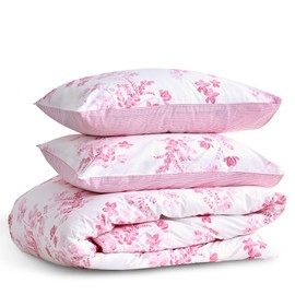 LERUUM Bed Linen Set 140 x 200 cm Cotton Reversible Flowers Stripes Pink Duvet Cover (140 x 200 + 65 x 65)
