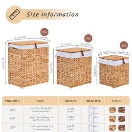 LGENHOOM Mini Handwoven Laundry Basket with Lid, Natural Water Hyacinth Storage Basket with Handle, Removable Cotton Liner, Durable and Stylish for Bedroom, Bathroom, Laundry Room