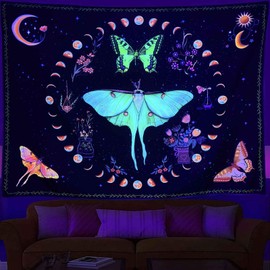Algasan Blacklight Moth Moon Phase Tapestry Boho Butterfly Moon Wall Tapestry UV Reactive Botanical Plants Sun Floral Aesthetic Tapestries for Bedroom Living Room Dorm 35 x 47 Inch