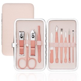 AOOWU Professional Manicure Set, 10pcs Portable Nail Clippers & Eyebrow Grooming Kit, Stainless Steel Nail Care Tools with Luxurious Leather Case for Travel & Home