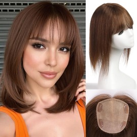 starluck Hair Toppers with Bangs for Women, 5 * 5.5" Large Base, Brown Real Human Toppers for Thinning Hair and Gray Root Coverage