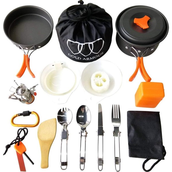 Gold Armour 17 Pieces Camping Cookware Mess Kit Backpacking Gear and Hiking Outdoors Bug Out Bag Cooking Equipment Cookset | Lightweight, Compact, Durable Pot Pan Bowls (Orange)
