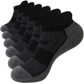 Stoeury Mens Running Socks, Cushioned Anti Blister Trainer Socks, Black White Ankle Socks for Men Women, Moisture-Wicking Short Cotton Socks for Sports, Gym, Walking and Daily, 6 Pairs,Black Grey,9-12