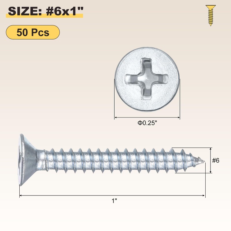 METALLIXITY Countersunk Phillips Wood Screws (#6x1) 50Pcs, Carbon Steel Coarse
