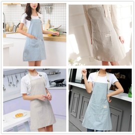 Woman Apron with Pockets, 2 Pieces Blue and Coffee Stripe Adjustable Cotton Linen Kitchen Chef Bib Apron for Cooking, BBQ, Baking, Gardening, Household Cleaning, Restaurant