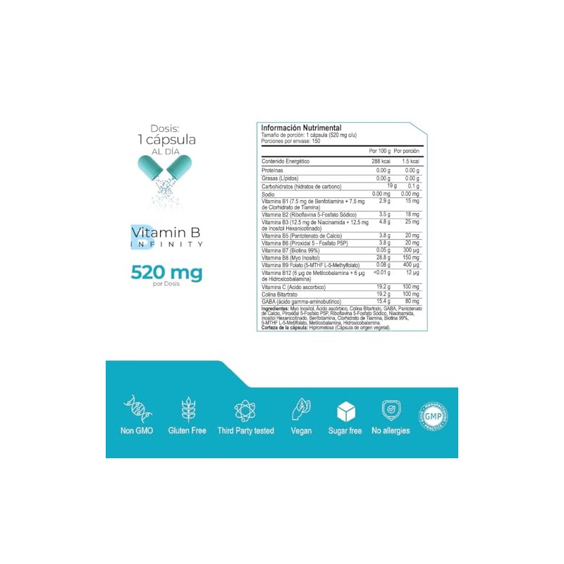 ETERNAL NUTRITION Infinity: Complejo B Elevado 11 Tipos (150 Cápsulas)