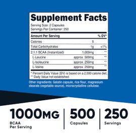 Nutricost BCAA Capsules 2:1:1 500mg, 500 Caps (3 Bottles)