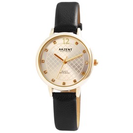 Akzent Exclusive 1900232 Women's Imitation Leather Watch with Pin Buckle Analogue Quartz, Black/Gold, Strap.