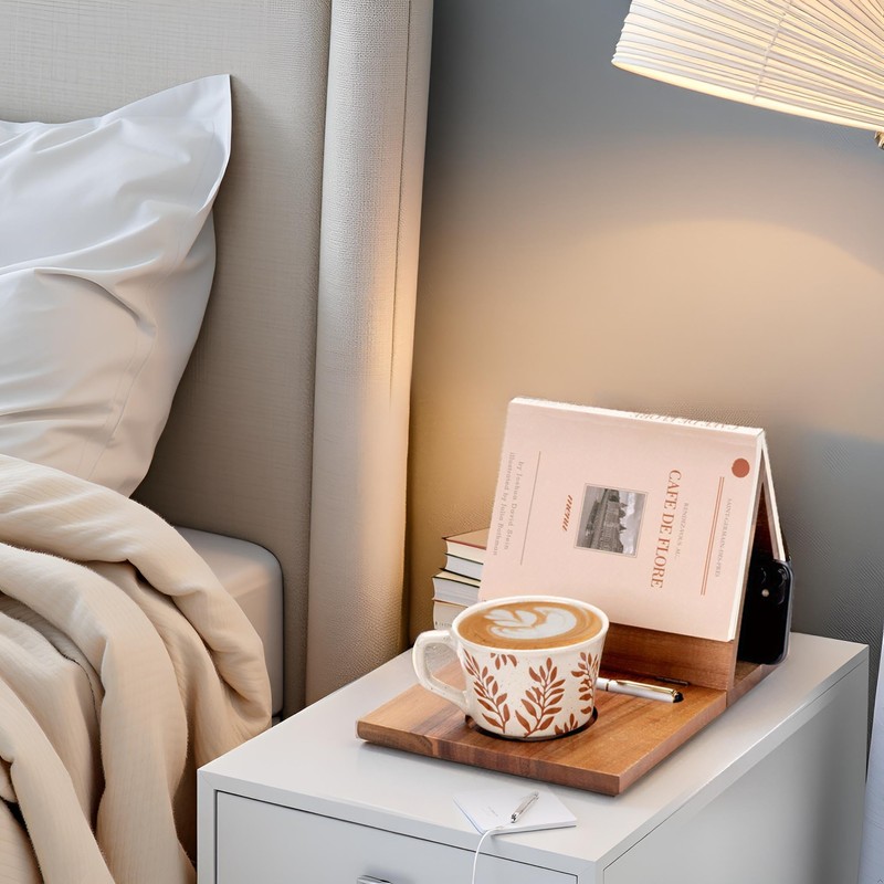 Book Nook Reading Valet with Cup Holder, Wooden Book Stand