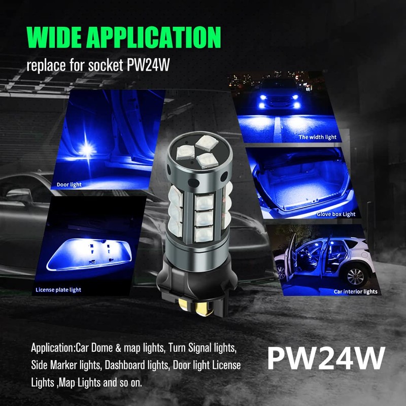YEORO 2pcs PW24W LED Bulb Blue,AC/DC 9-30V 1200LM PWY24W 12181NA
