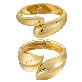 Emibele Gold Bangle Cuff Bracelet Stack, 18K Gold Plated Chunky Teardrop Hinged Thick Bangle Bracelet Set, Non Tarnish Bracelets for Women, 2 Pack