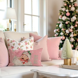 Christmas Throw Pillow Cover 12x20 Inch, Vintage Santa Claus Snowflake Blush Pink Lumbar Decorative Cushion Case, Pastel Xmas Winter Holiday Decoration for Sofa Couch Home Decor
