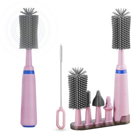 Electric Baby Bottle Brush Cleaner With Shelf,Electric Silicone Bottle Brush Set With Nipple/Straw Brush,Easy-Grip Silicone Leather Sheath,Rechargeable/Extendable/Waterproof Spinning Bottle Brush,Pink