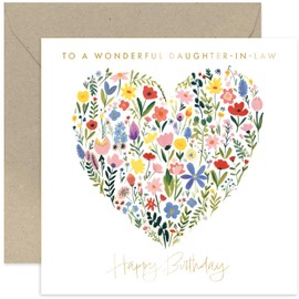 Old English Co. Wonderful Daughter-in-law Birthday Card for Her - Floral Heart Painting Gold Foil Card - Cute Birthday Card for Female - Women Birthday Card Gifts - Flower Card | Blank Inside