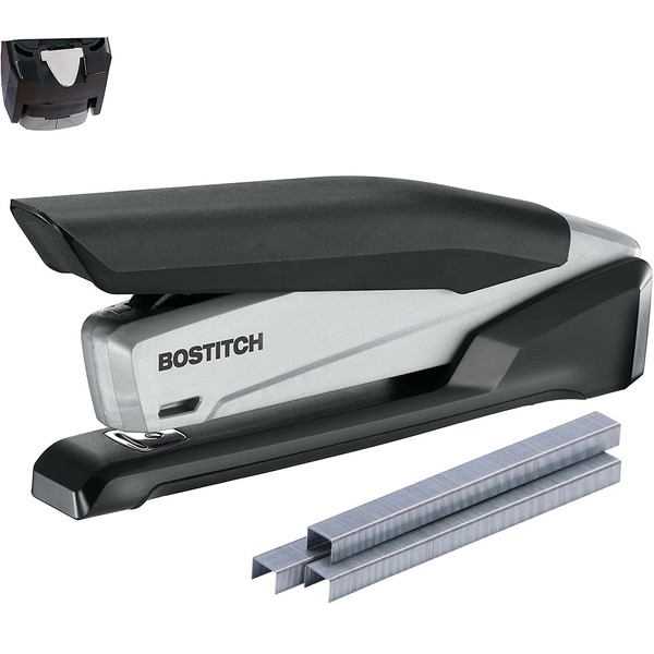 Bostitch Office Executive 3 in 1 Stapler, Includes 210 Staples and Integrated Staple Remover, One Finger Stapling, No Effort, 20 Sheet Capacity, Spring Powered Stapler, Black/Gray (INP20)