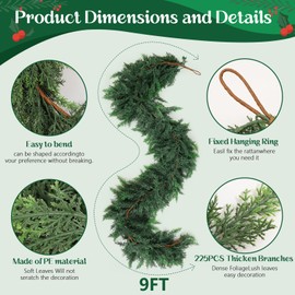 Christmas Cedar Garland with Soft Thickness Pine,Thick and Lush,Artificial Green Faux Cedar Pine Garland for Christmas Winter Home Mantel Fireplace Holiday Party Décor (9FT)